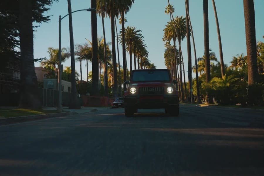 A Mercedes-AMG G 63 on a palm-lined road